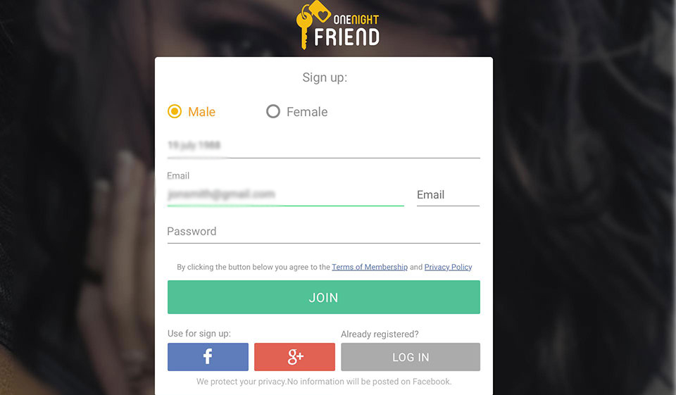 Registration in OneNightFriend